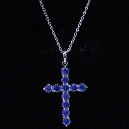 Simple Created Blue Sapphire Cross Pendant Necklace
