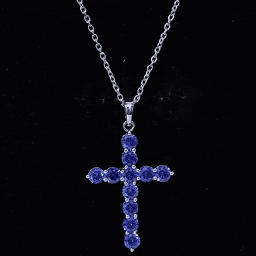 Simple Created Blue Sapphire Cross Pendant Necklace