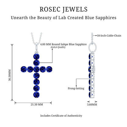 Simple Created Blue Sapphire Cross Pendant Necklace