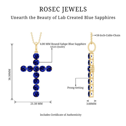 Simple Created Blue Sapphire Cross Pendant Necklace