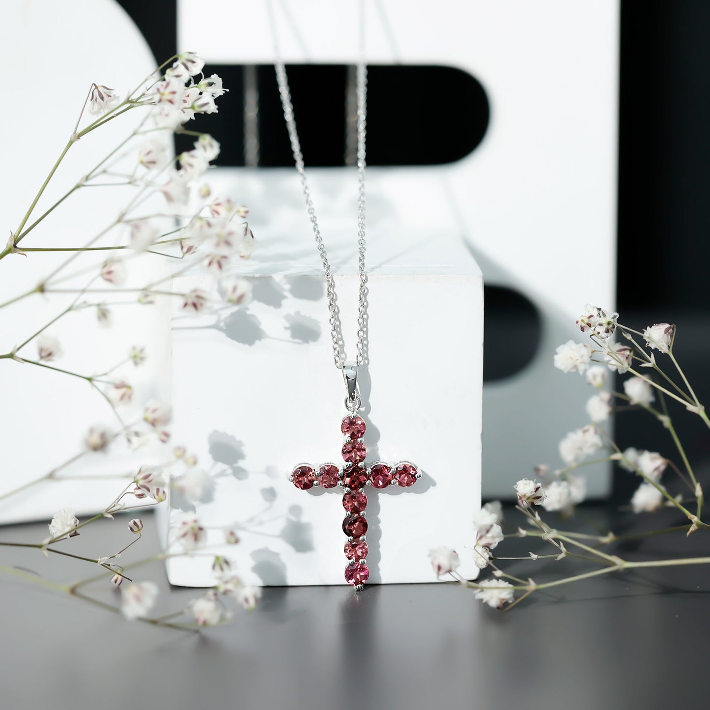 Natural Pink Tourmaline Cross Pendant Necklace for Women