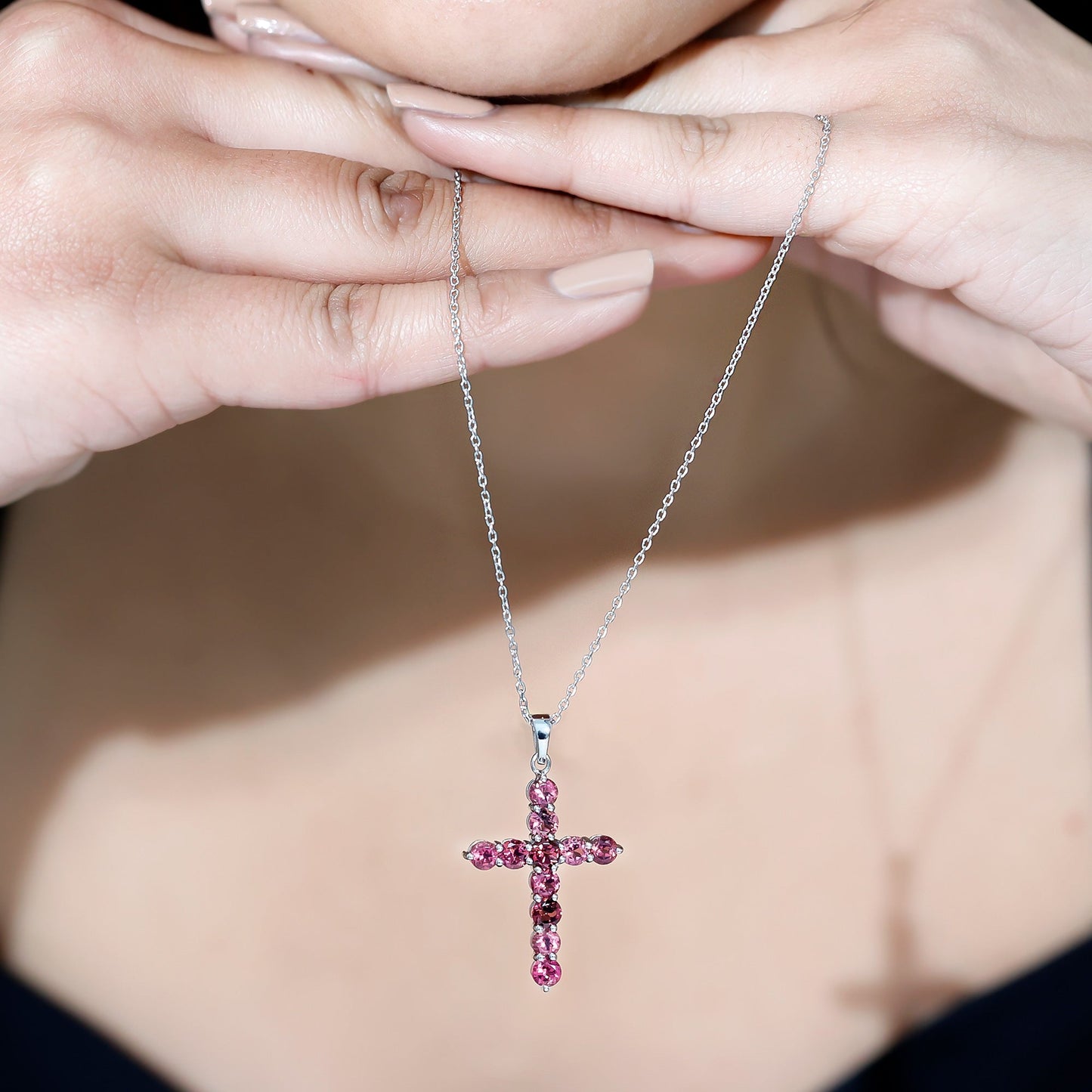 Natural Pink Tourmaline Cross Pendant Necklace for Women