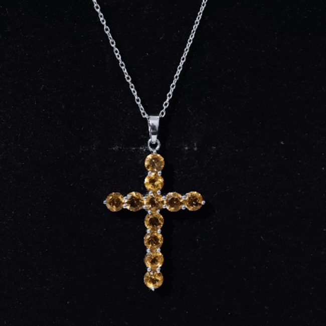Natural Citrine Silver Cross Necklace with Chain