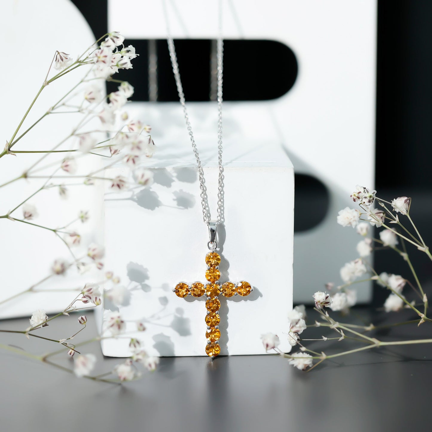 Natural Citrine Silver Cross Necklace with Chain