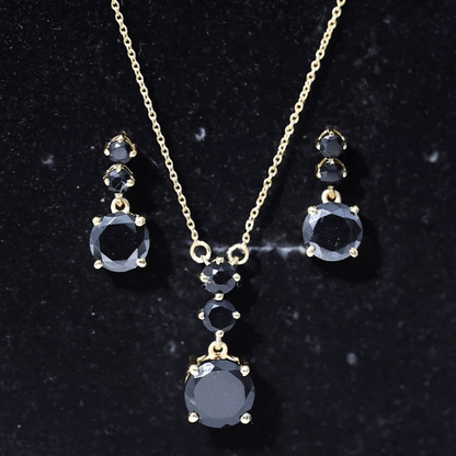 Genuine Black Onyx Three Stone Necklace With Earrings