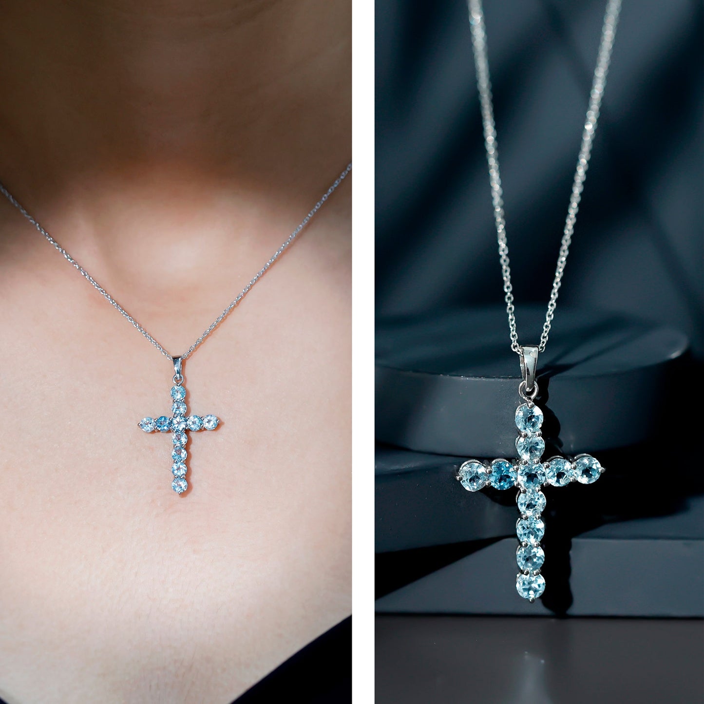 Womens Cross Necklace with Sky Blue Topaz