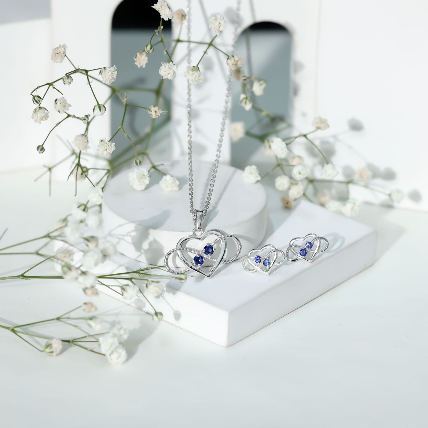 Lab Grown Blue Sapphire Infinity Heart Jewelry Set