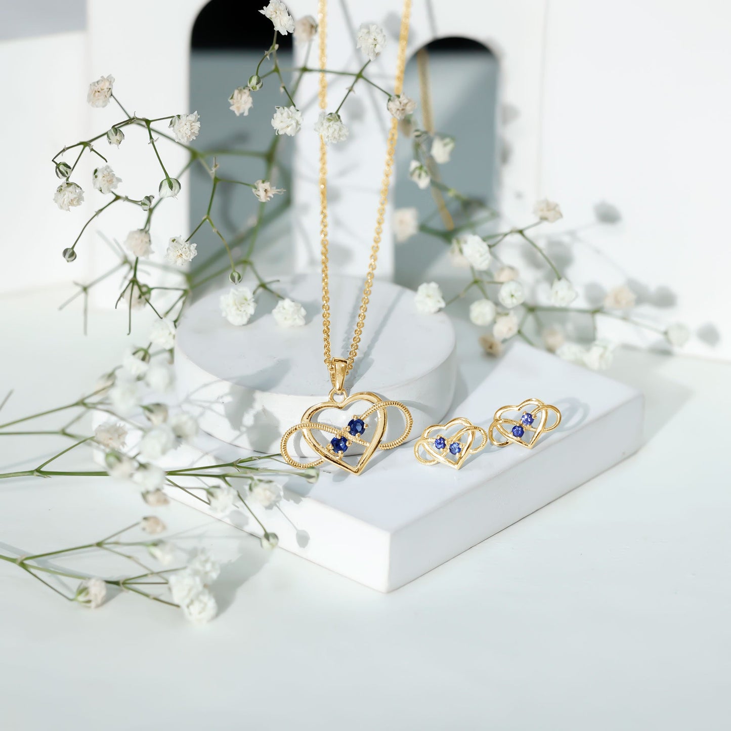 Lab Grown Blue Sapphire Infinity Heart Jewelry Set