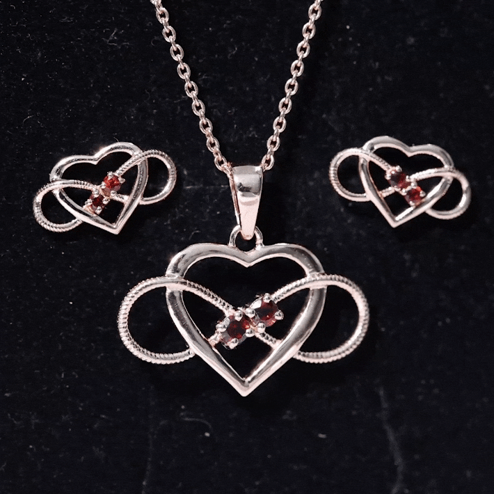 Natural Garnet Heart Infinity Necklace and Earrings Set