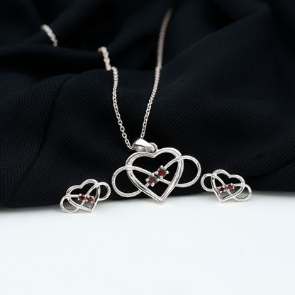 Natural Garnet Heart Infinity Necklace and Earrings Set