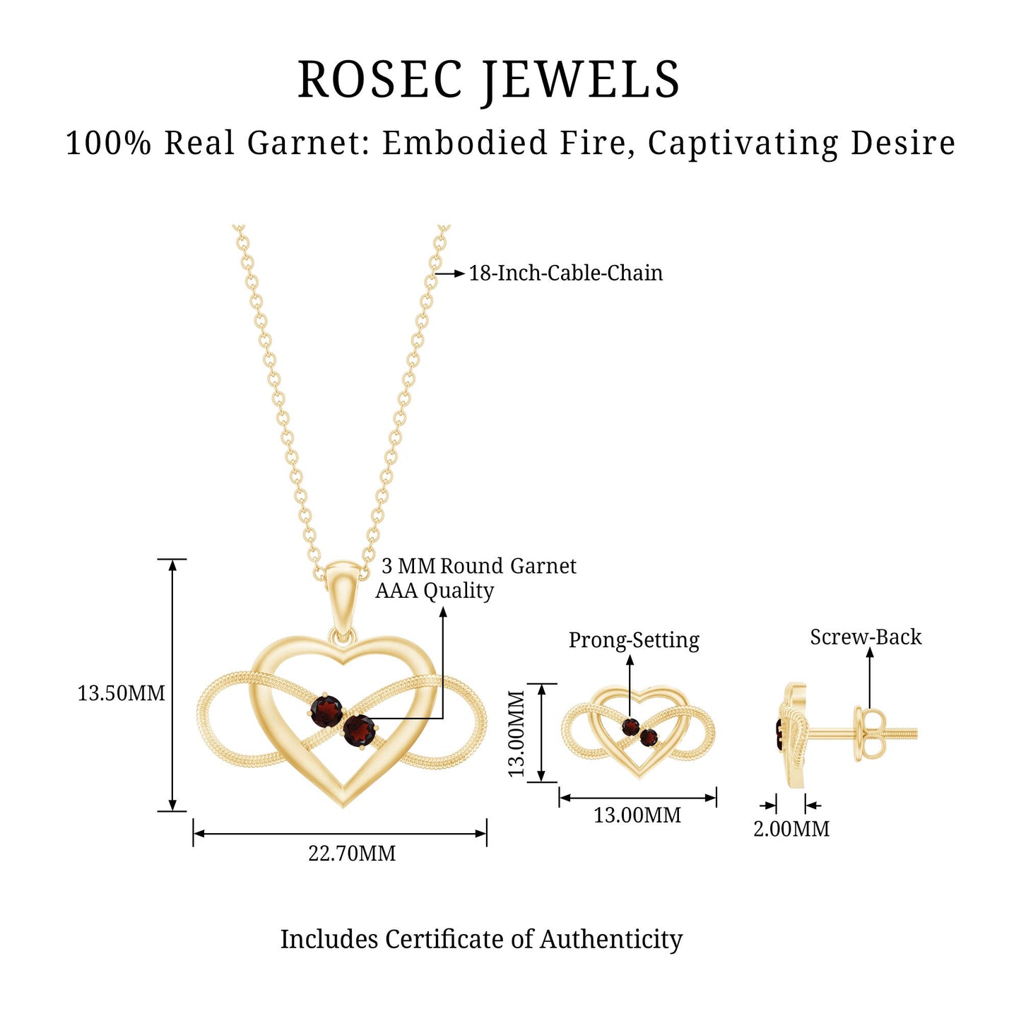 Natural Garnet Heart Infinity Necklace and Earrings Set