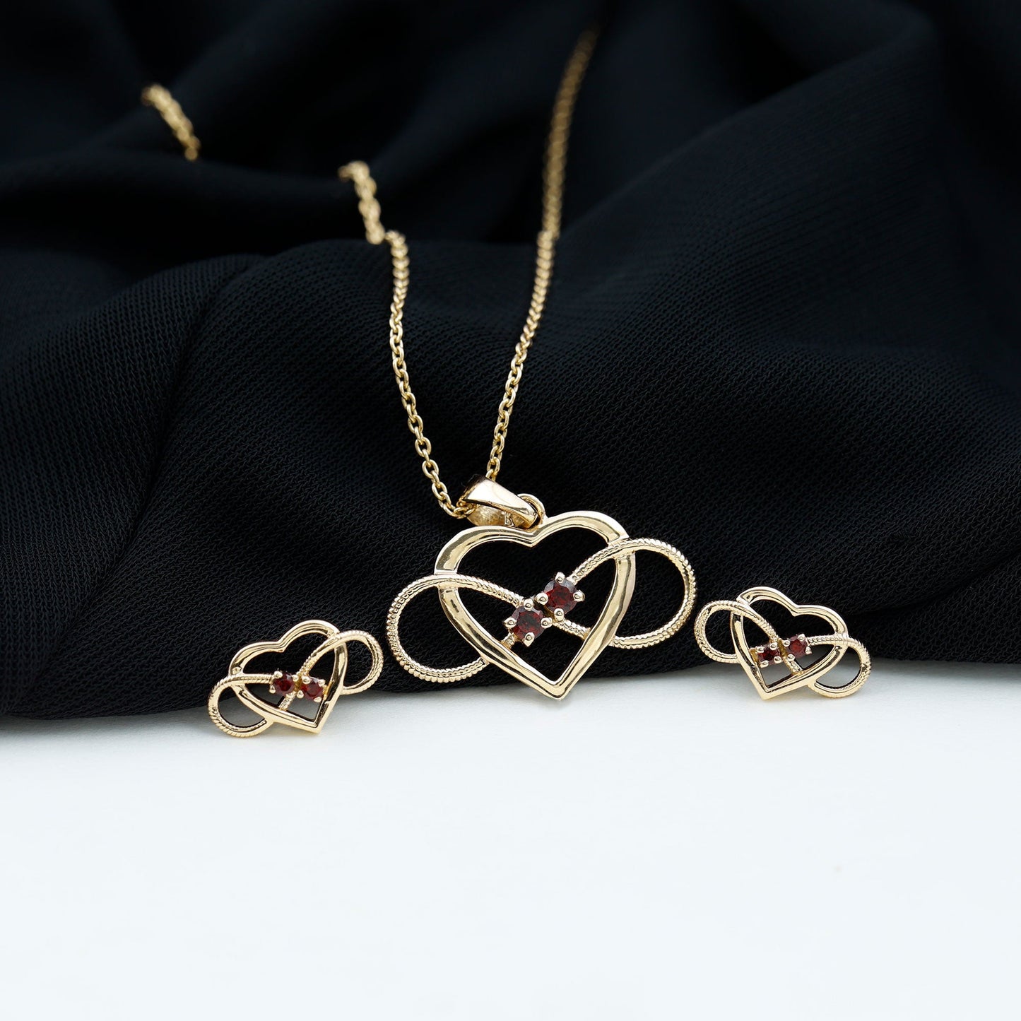 Natural Garnet Heart Infinity Necklace and Earrings Set