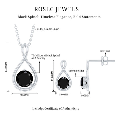 Natural Black Spinel Infinity Pendant and Earrings Set
