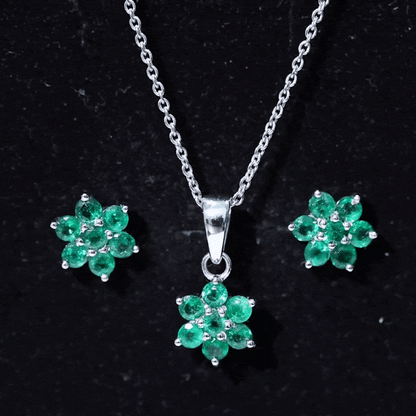 Genuine Round Cut Emerald Flower Necklace and Earrings Set