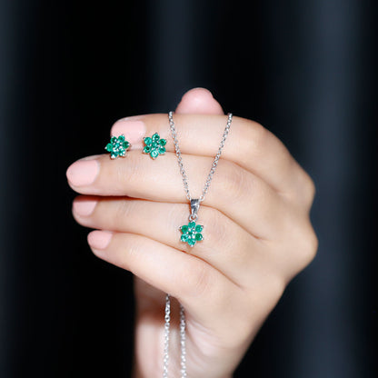 Genuine Round Cut Emerald Flower Necklace and Earrings Set