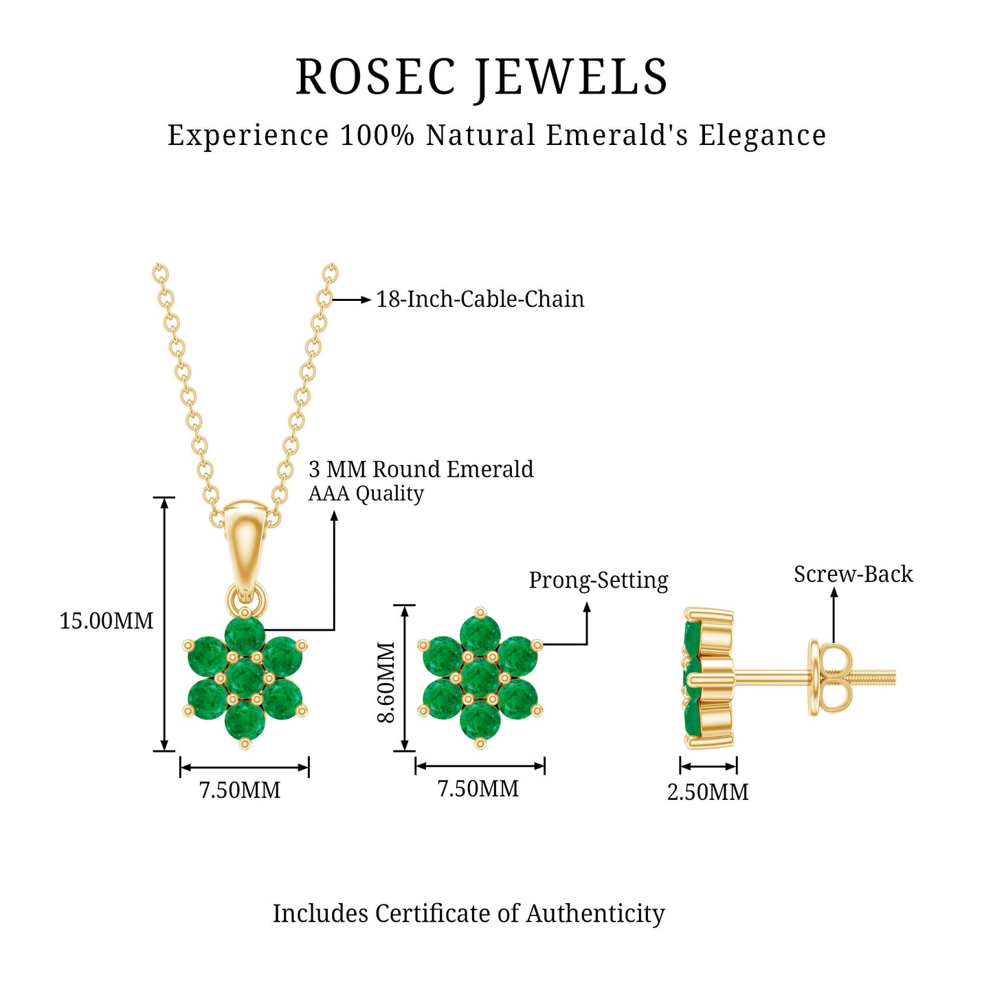 Genuine Round Cut Emerald Flower Necklace and Earrings Set