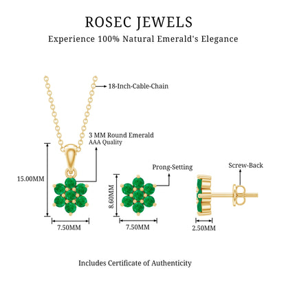 Genuine Round Cut Emerald Flower Necklace and Earrings Set