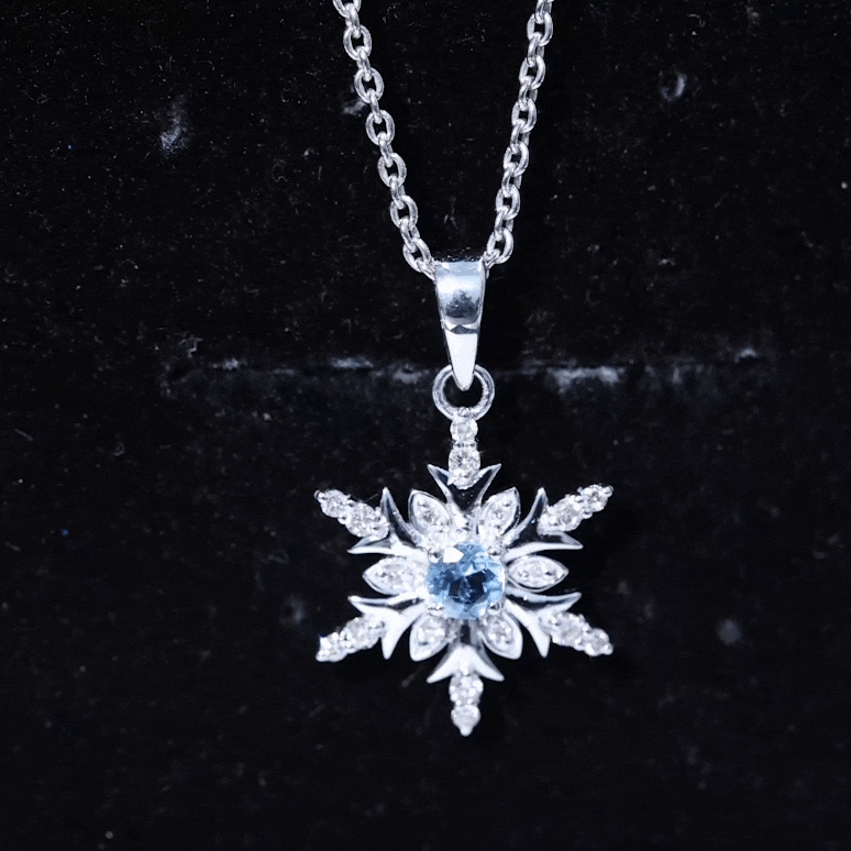 Aquamarine and Diamond Designer Snowflake Necklace With Chain