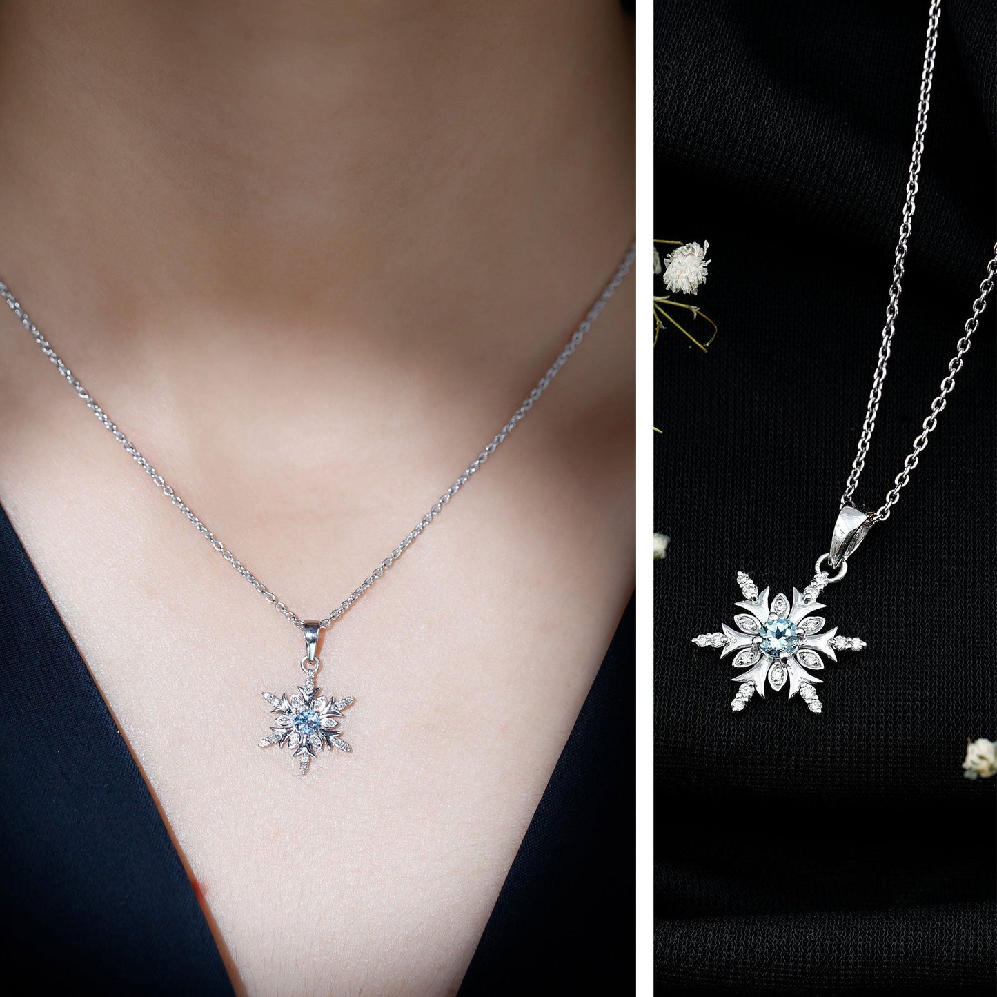 Aquamarine and Diamond Designer Snowflake Necklace With Chain