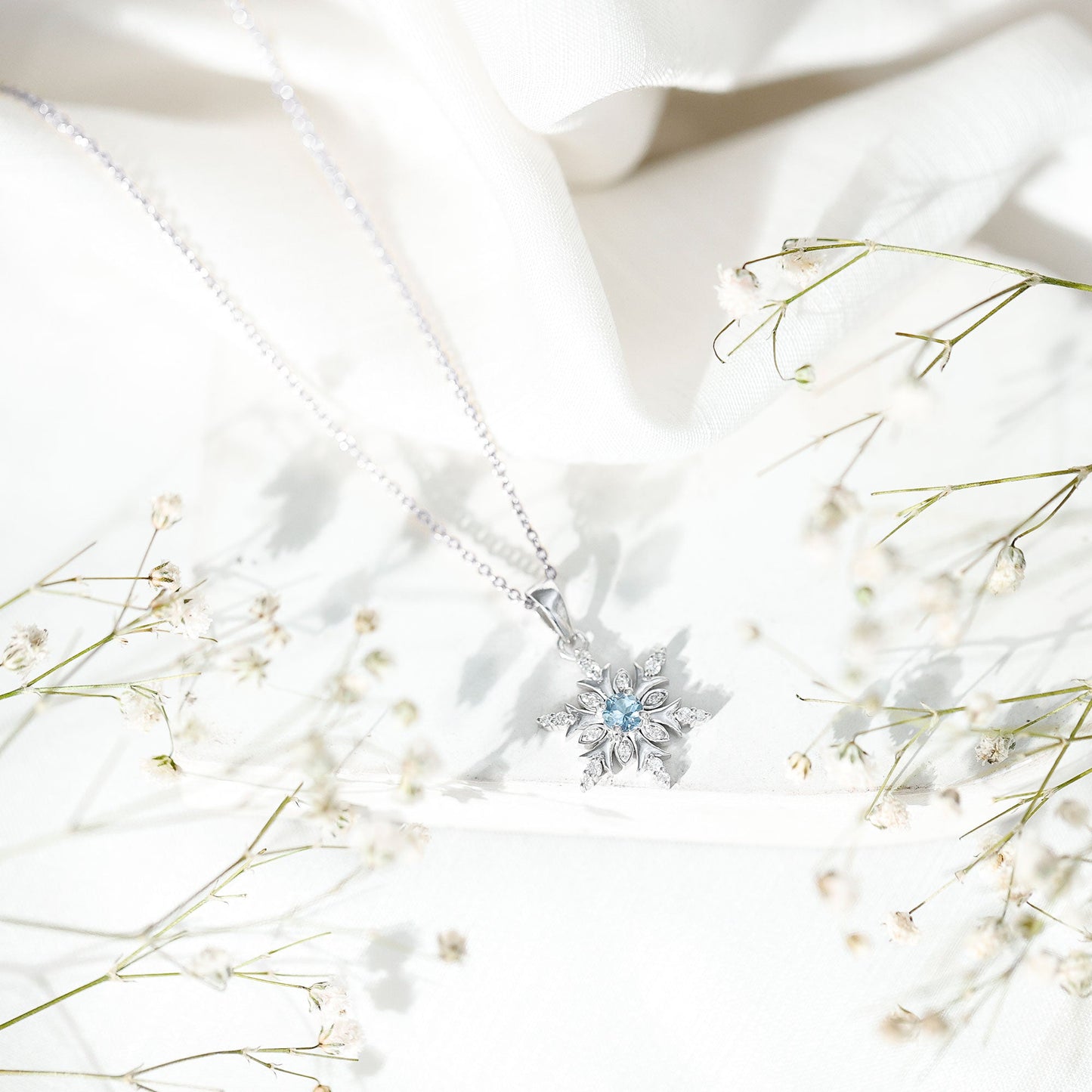 Aquamarine and Diamond Designer Snowflake Necklace With Chain