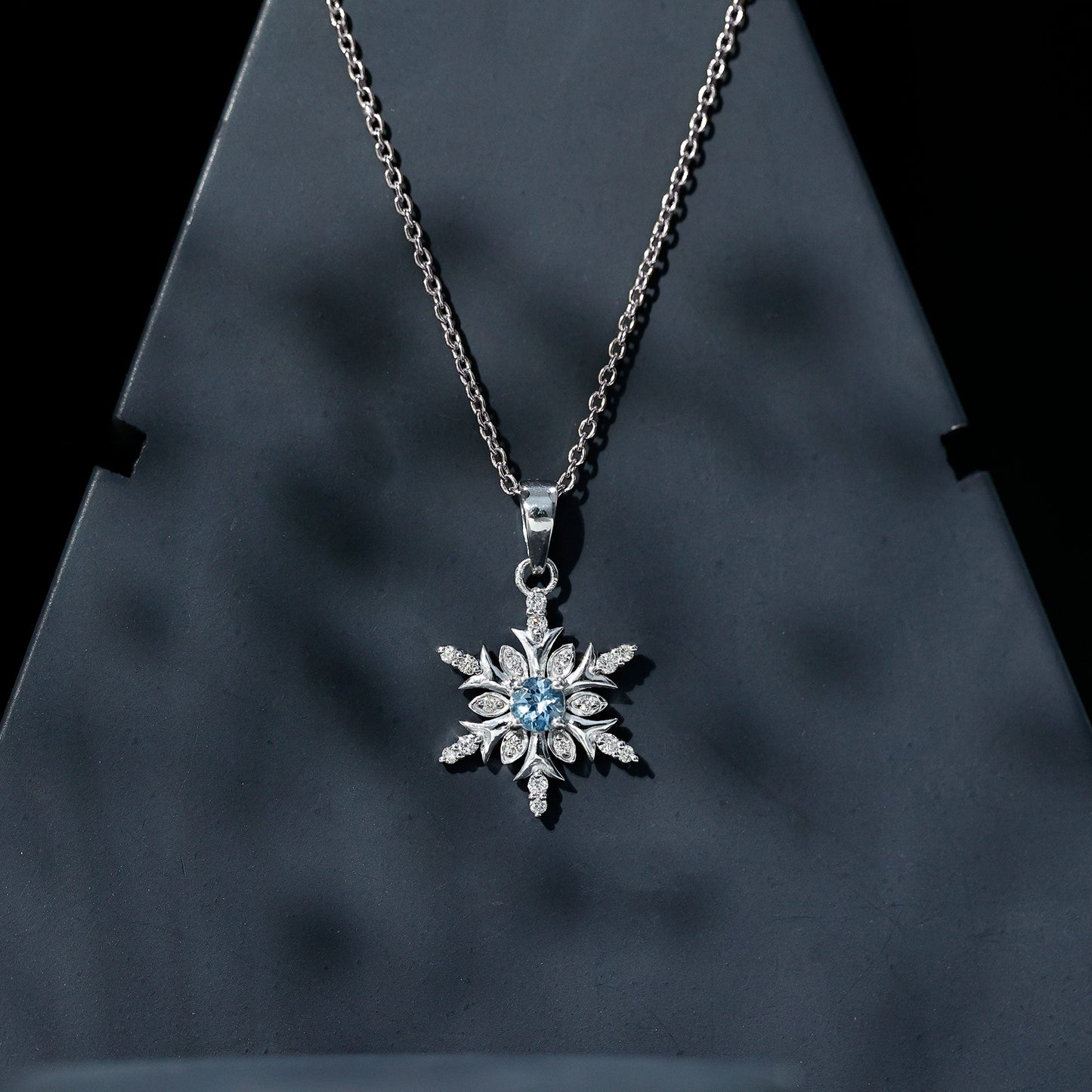 Aquamarine and Diamond Designer Snowflake Necklace With Chain