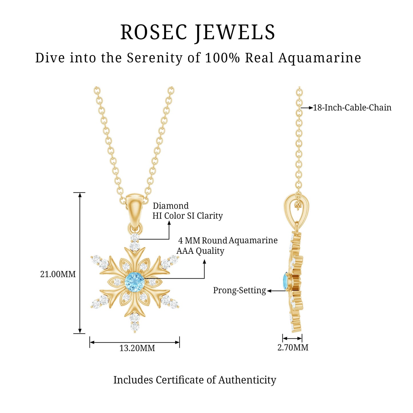 Aquamarine and Diamond Designer Snowflake Necklace With Chain