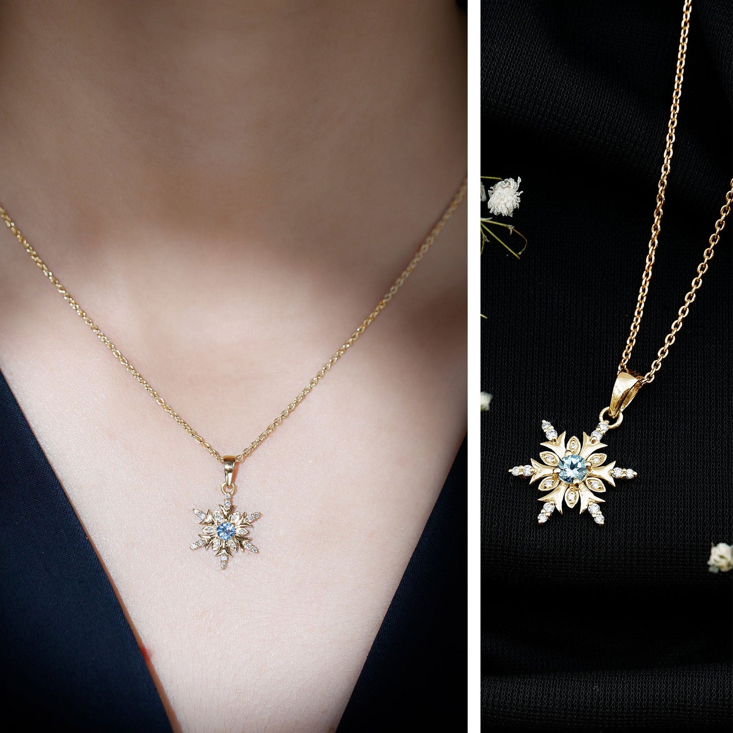 Aquamarine and Diamond Designer Snowflake Necklace With Chain