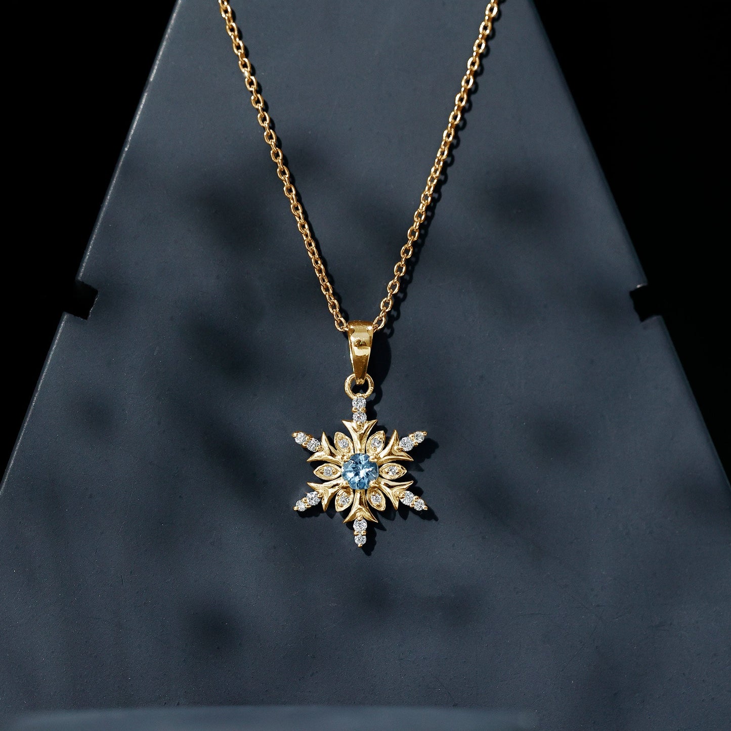 Aquamarine and Diamond Designer Snowflake Necklace With Chain