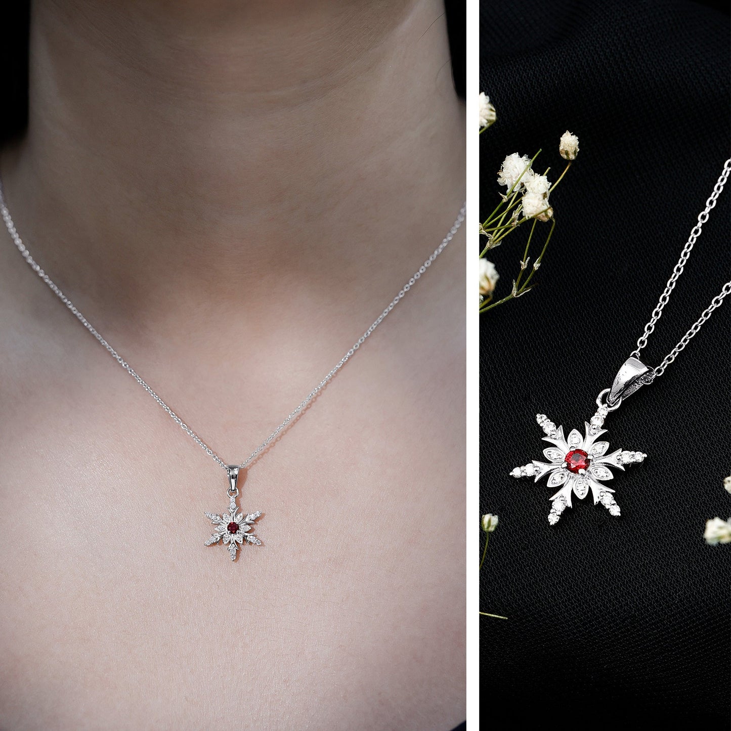 Lab Created Ruby Snowflake Pendant with Diamond Accent