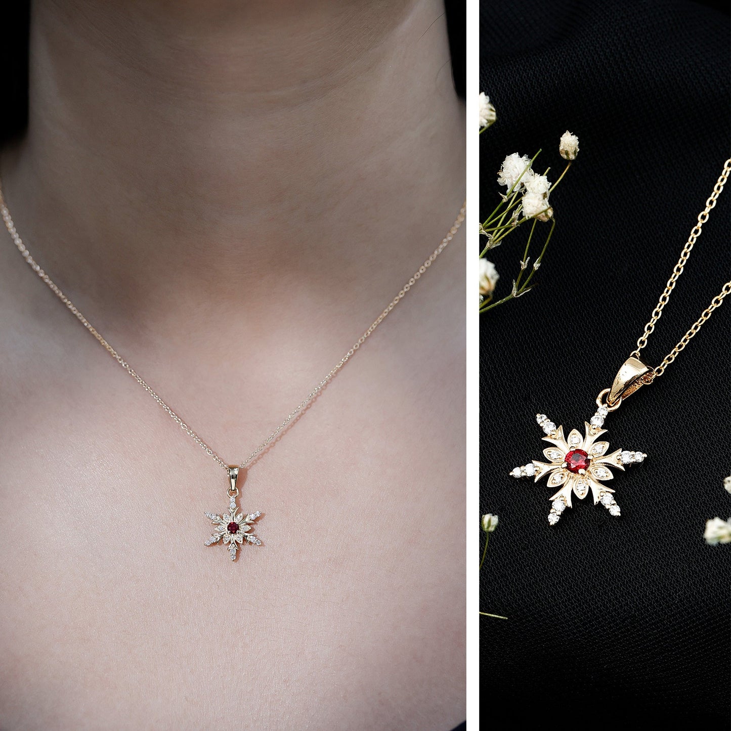 Lab Created Ruby Snowflake Pendant with Diamond Accent