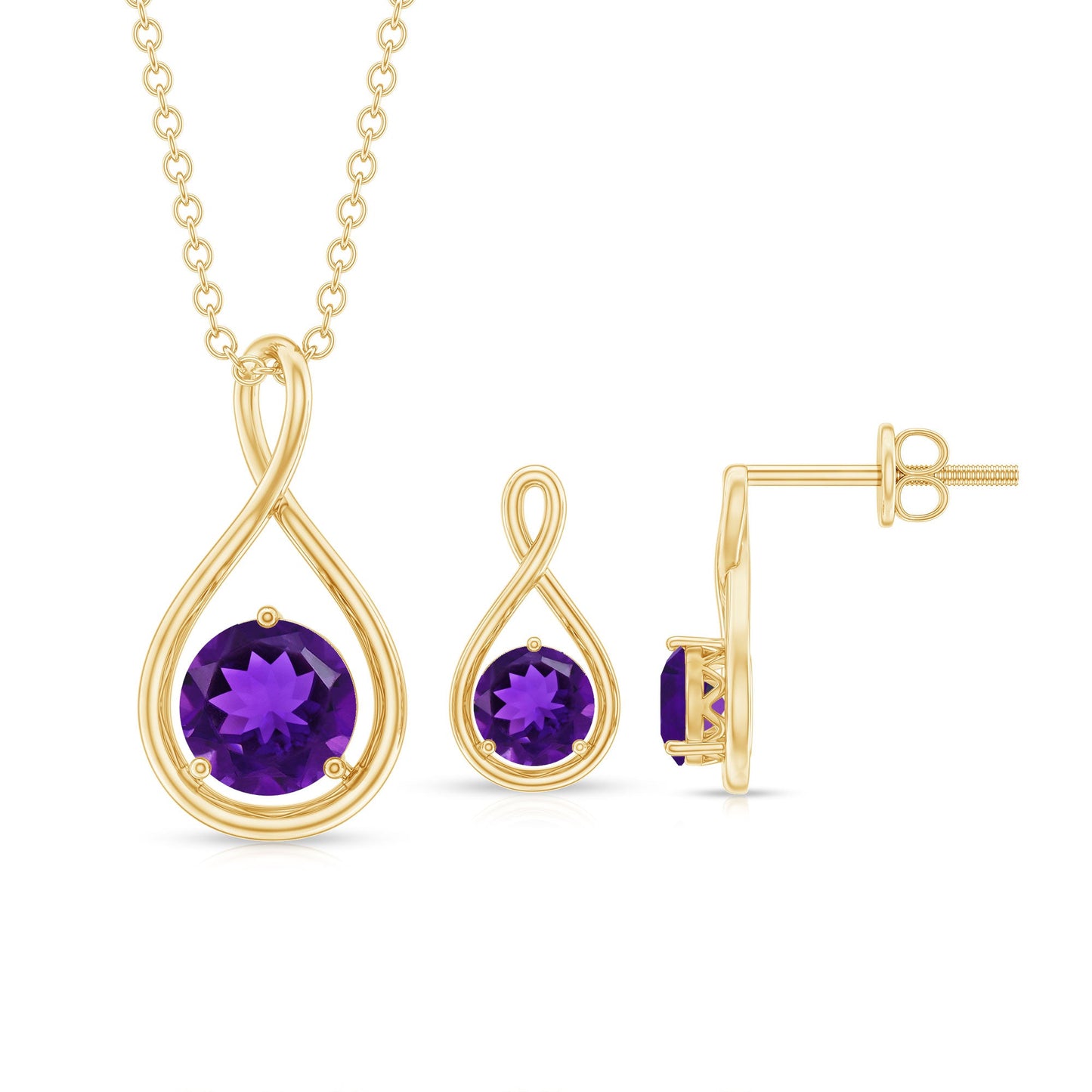Real Amethyst Infinity Necklace and Earrings Set for Women