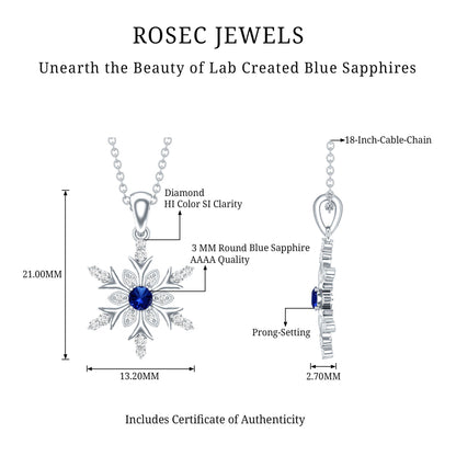 Lab Created Blue Sapphire Designer Snowflake Pendant with Diamond