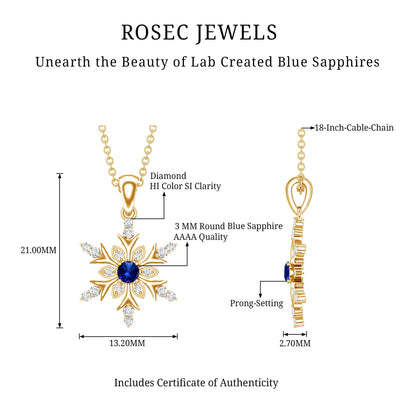 Lab Created Blue Sapphire Designer Snowflake Pendant with Diamond