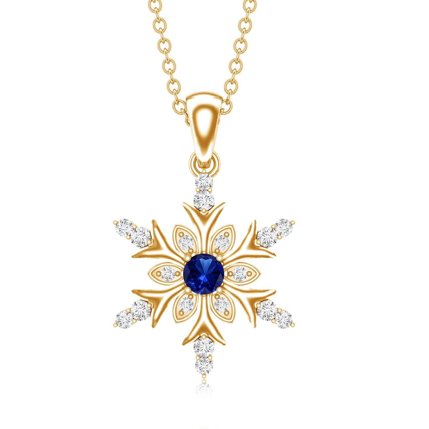 Lab Created Blue Sapphire Designer Snowflake Pendant with Diamond