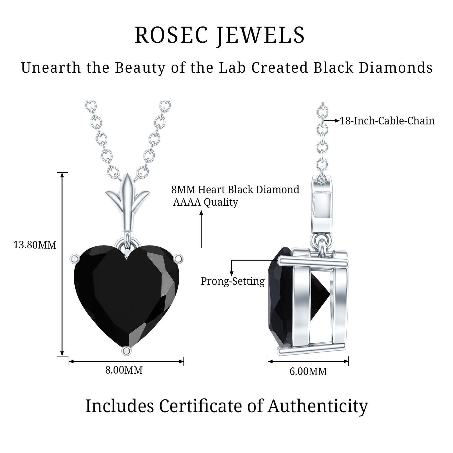 Lab Created Black Diamond Heart Shape Necklace With Chain