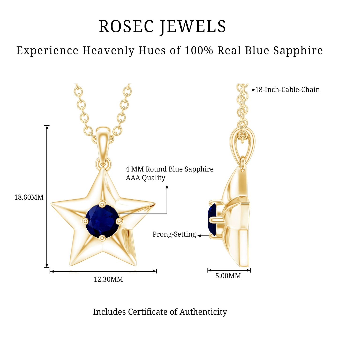 Natural Blue Sapphire Star Pendant Necklace for Women