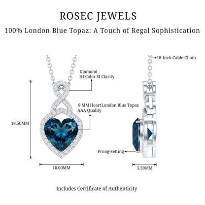 2 Carat Heart Shape London Blue Topaz Infinity Necklace with Diamond