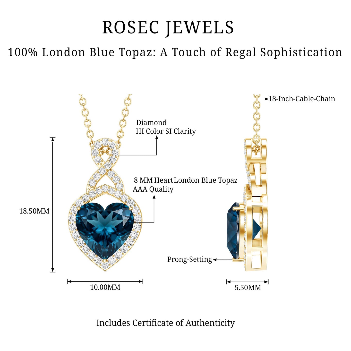 2 Carat Heart Shape London Blue Topaz Infinity Necklace with Diamond