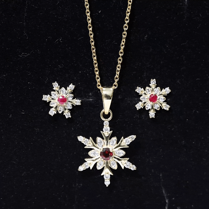 Lab Grown Ruby and Diamond Snowflake Necklace With Earrings