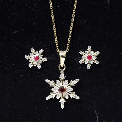 Lab Grown Ruby and Diamond Snowflake Necklace With Earrings
