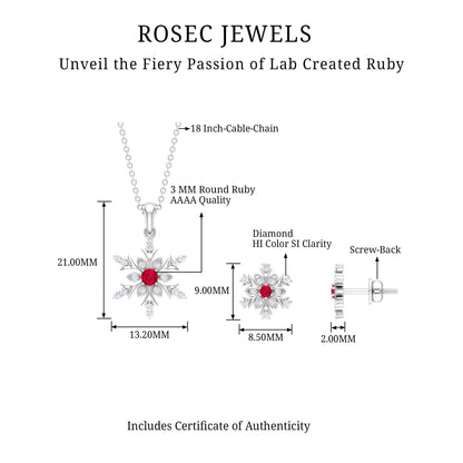 Lab Grown Ruby and Diamond Snowflake Necklace With Earrings