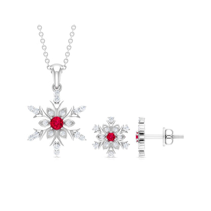 Lab Grown Ruby and Diamond Snowflake Necklace With Earrings