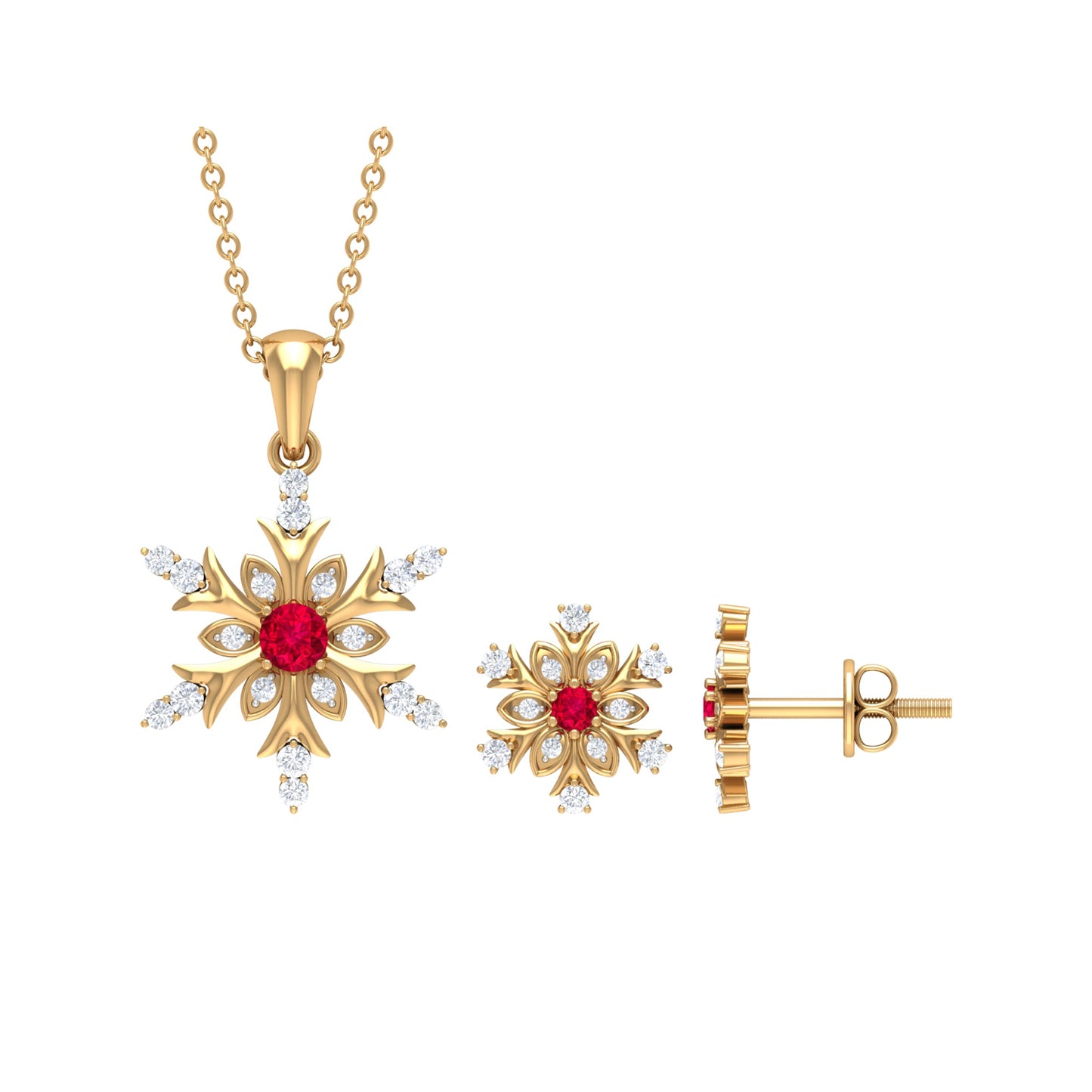 Lab Grown Ruby and Diamond Snowflake Necklace With Earrings