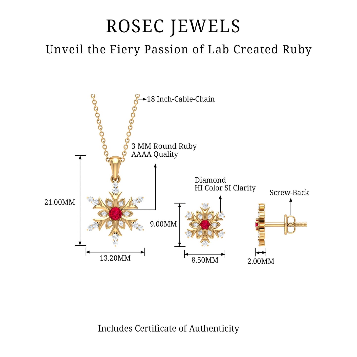 Lab Grown Ruby and Diamond Snowflake Necklace With Earrings