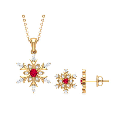 Lab Grown Ruby and Diamond Snowflake Necklace With Earrings