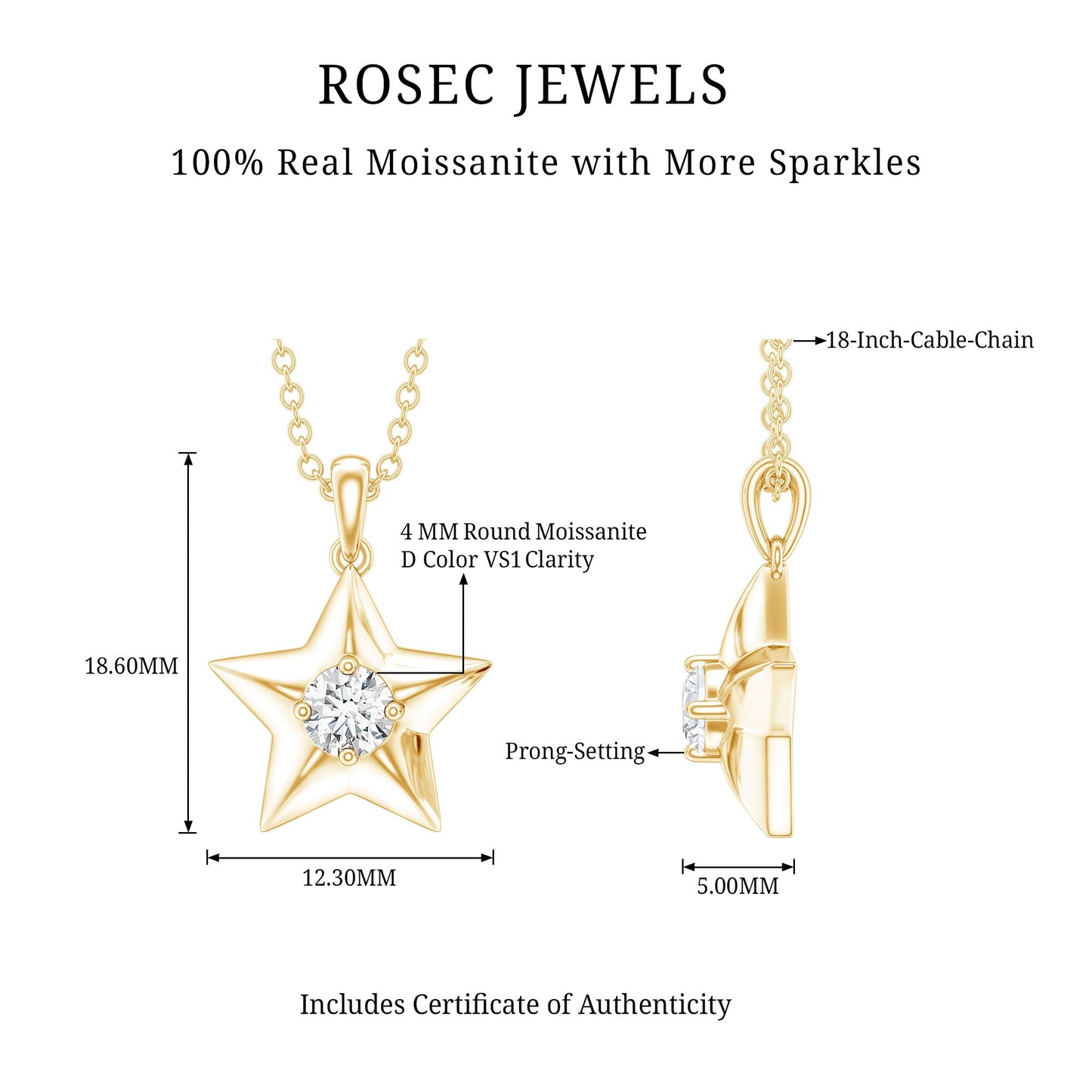 Certified Moissanite Star Pendant Necklace with Chain