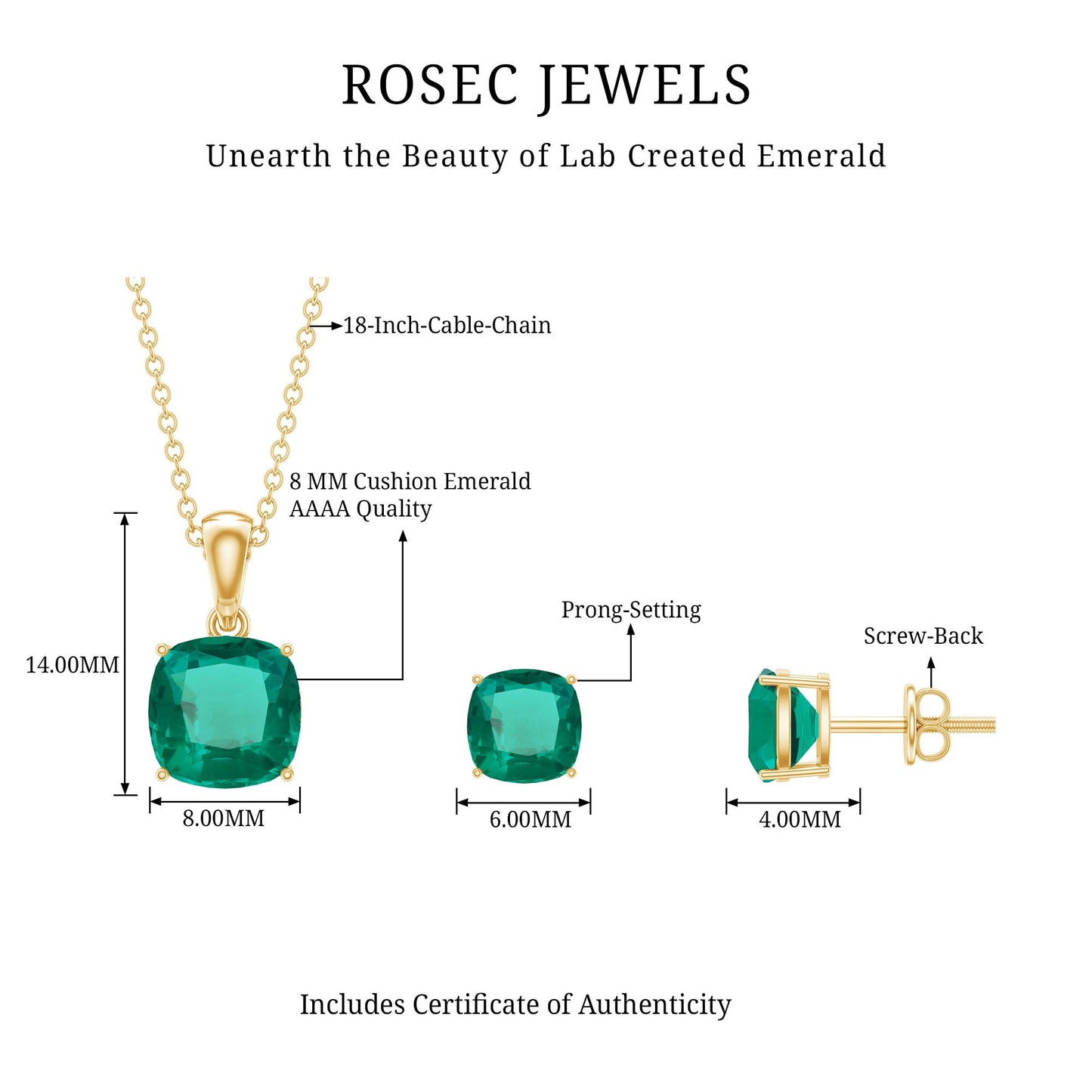 Certified Lab Grown Emerald Solitaire Jewelry Set