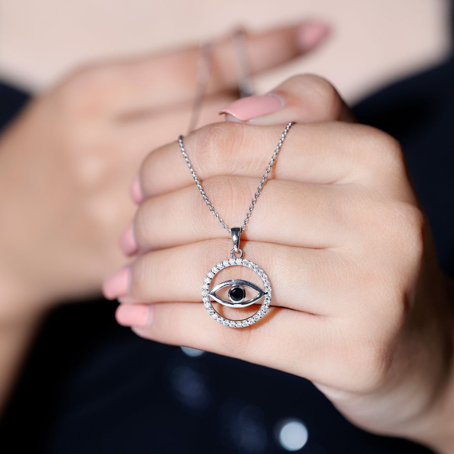 Black Spinel Evil Eye Pendant with Diamond Eternity