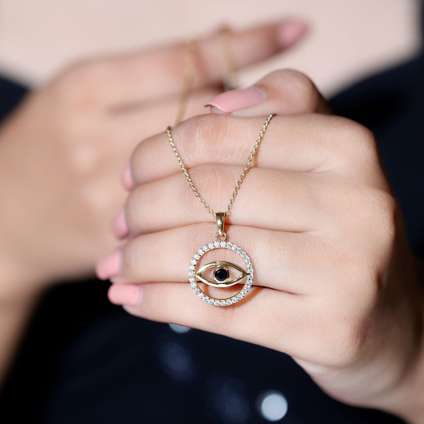 Black Spinel Evil Eye Pendant with Diamond Eternity