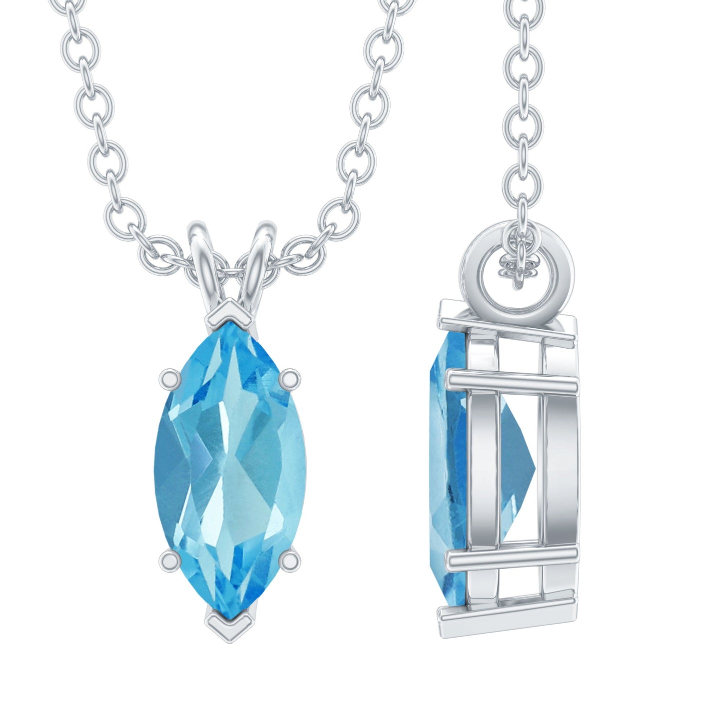 Real 0.7 Carat Marquise Swiss Blue Topaz Solitaire Pendant with Silver Chain